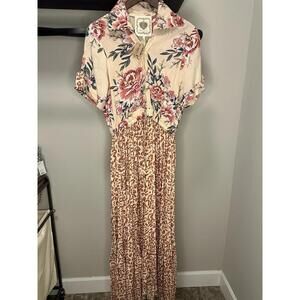 ZL Floral Animal Print Collared Maxi Dress Button Short Sleeve Viscose